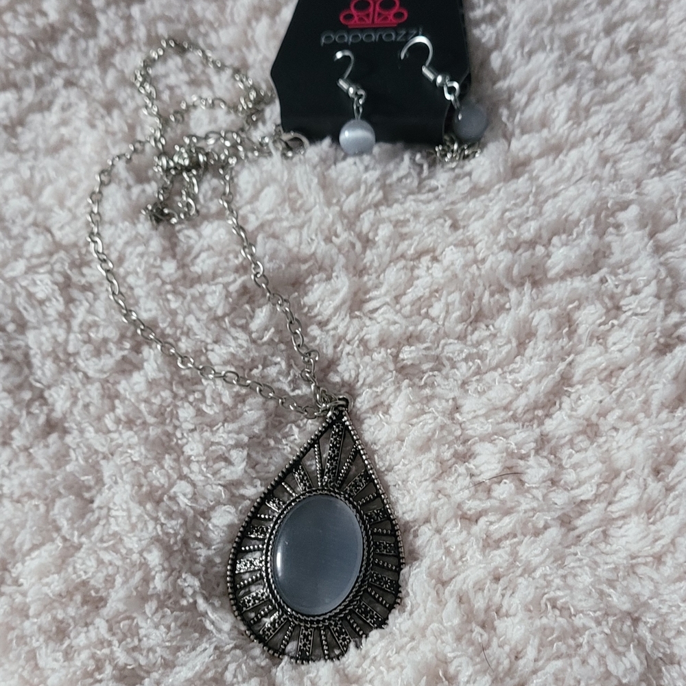 Grey moonstone long necklace with matching earrings